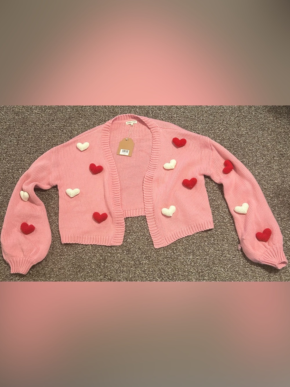 MAINSTRIP L Women’s Pink Cropped Heart Appliqué Cardigan ribbed edges and detail